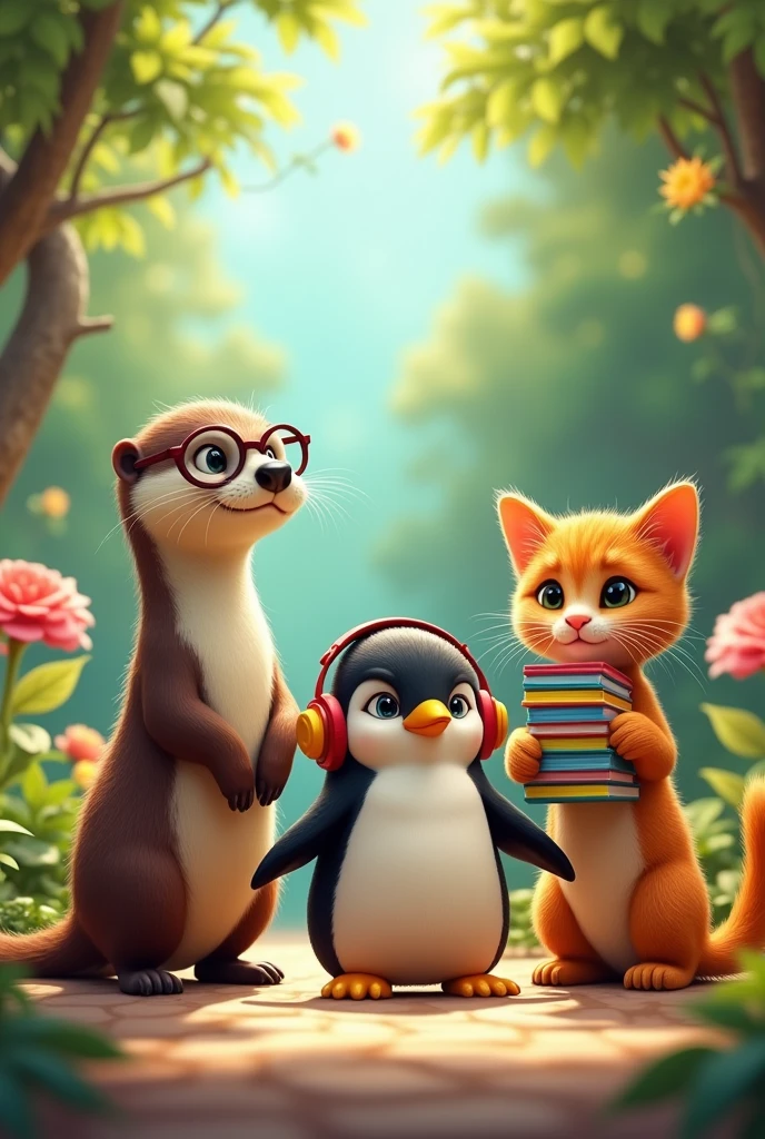 Generate an image showing an otter wearing glasses, next to a penguin with headphones, and with them, an orange-furred cat carrying some books next to her. The scene should be cheerful and colorful, with each animal standing out in its characteristic attitude: the otter with a curious expression behind his glasses, the penguin enjoying his music and the orange cat with a relaxed or playful posture