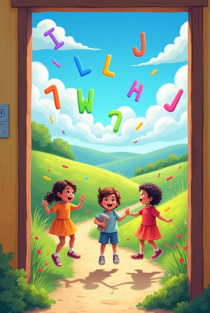 Animated preschool children playing in landscape with rainbow numbers and letters. Image for classroom door
