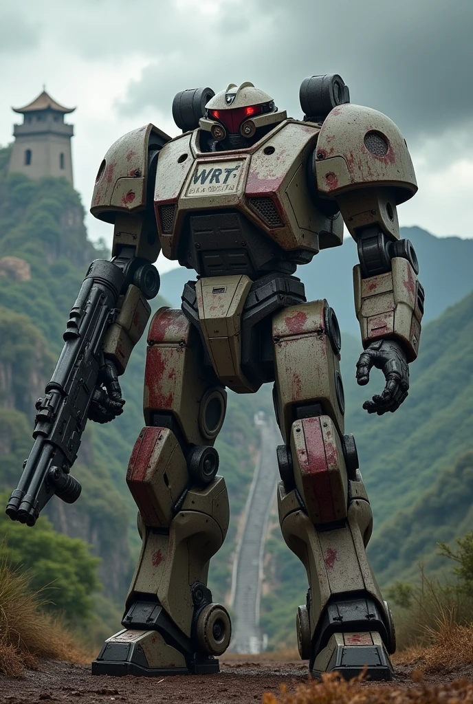 A bloodied Warrior Robot with the acronym WRT and the name Genghis Khan holding a minigun with the Great Wall of China in the background