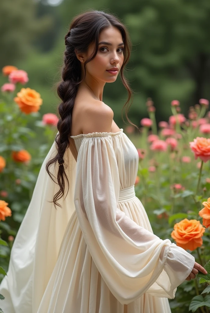 adult girl, cloth dress, long sleeves, braid,
Brown eyes, style created.
