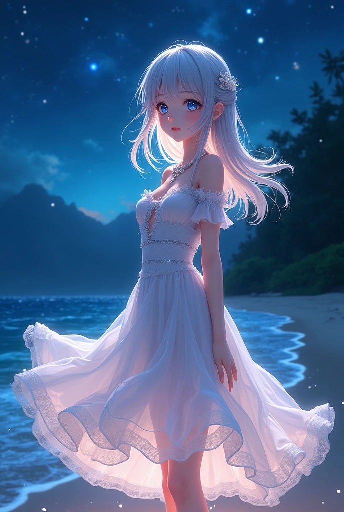 (masterpiece、Highest quality、8k、High resolution)、One female、(Beautiful Face、Beautiful Face)、Beautiful eyes、Beautiful lips、Beautiful nose、Silver blonde hair、(The best anime girl)、Sandy beach with a view of the forest、A bright night with stars visible、Mysterious light particles emitting from the body、Very mysterious light、jewelry、necklace、dress、(whole body)、Highly detailed anime art、A complete portrayal、