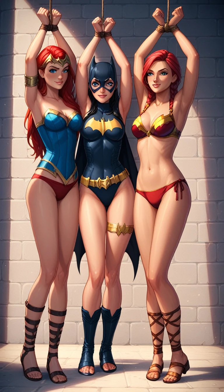 ((Full body photo, standing, feet on the ground)) score_9, score_8_up, score_7_up, score_6_up, 3girls, gladiator sandals, woman [wonder (black hair, gladiator sandal boots, bracelets, tiara on her head, short red panties: 1.2)] , [batgirl(red hair, gladiator sandal boots, dressed as batgirl, panties: 1.3) )], [supergirl(blonde hair, gladiator sandal boots, panties: 1.3) )],poorly lit dungeon, (tied up , tied, hands above head, connected to wall rings:1.4), rope, red faces, (cinematic lighting:1.4)(tied with jute rope:2), (tied with lots of rope, ankles tied, legs tied, breasts tied, rope between legs: 1.5). Otm gag.
