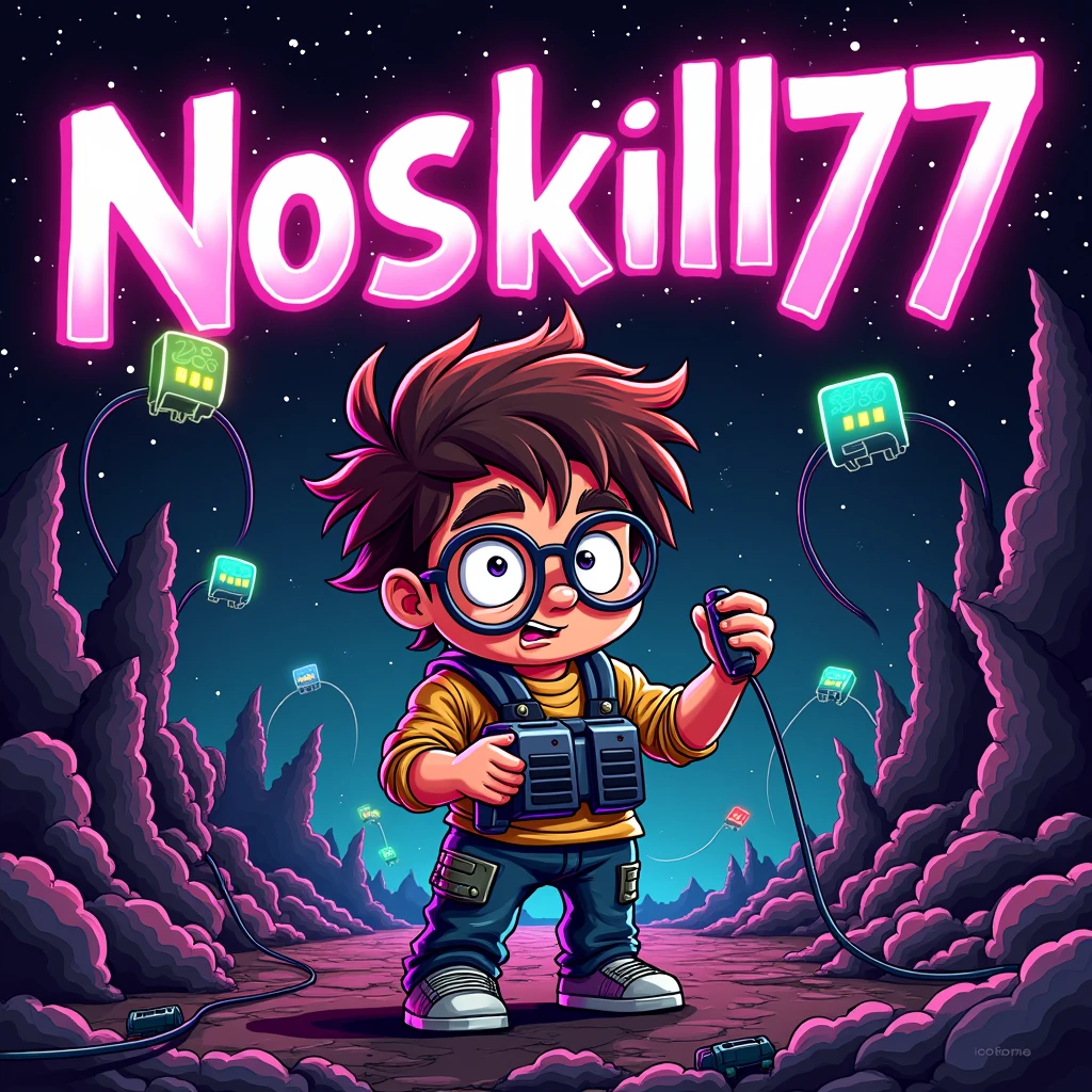 a cartoon image with the word NoSkill77 with theme in video games and dark universe