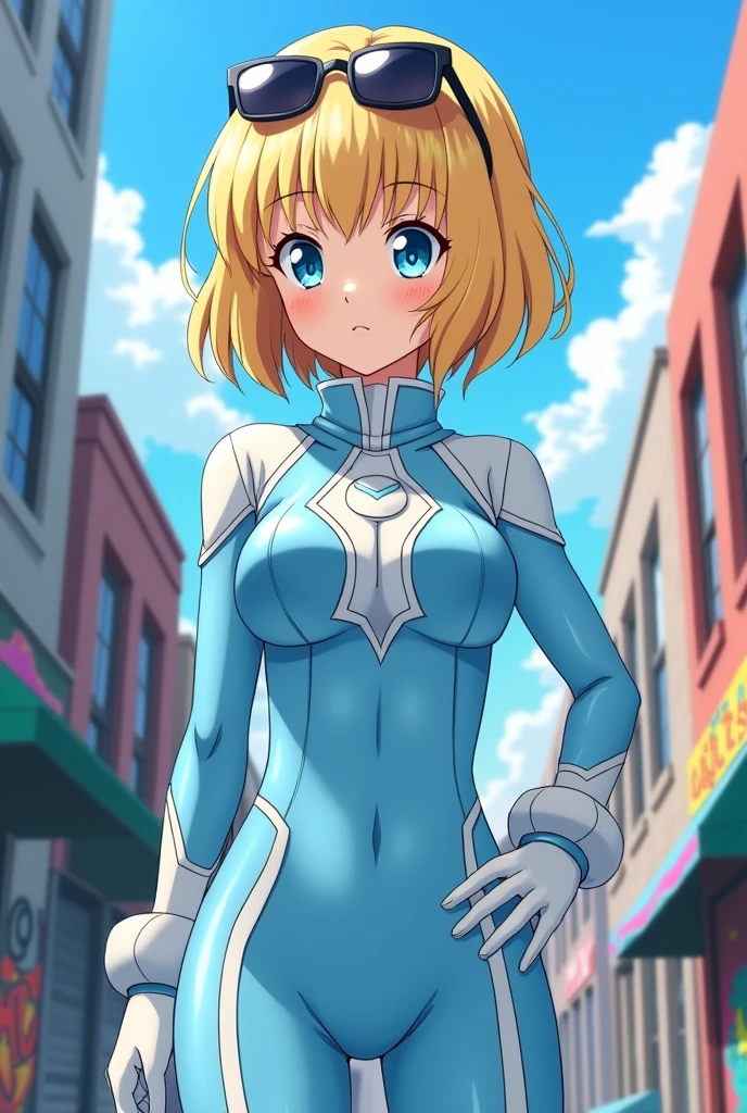 (anime) Girl in My hero academia, blonde with hair a little below the shoulders in layers, in a hero suit like Uraraka's but in pastel blue and without the helmet with white details and sunglasses on his head. blue eyes, beautiful,