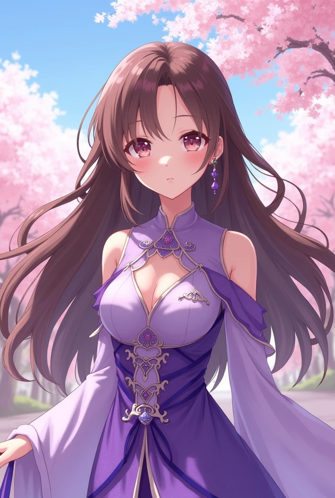 Brown Hair　Long Hair　woman　Purple long sleeve anime style clothing　A kind face