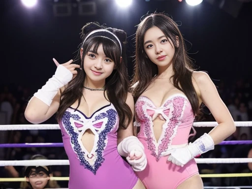 Two cuties with perfect bodies: 1.4, wrestling tag team,Same clothes,and s old,(upon,Lace fabric,One piece swimsuit, Very small breasts), Standing in a wrestling ring,Highly detailed face and skin, Detailed eyes, double eyelid,stand a little apart,Knee-high socks,upon,Lace gloves,Straight Hair,hair band,Nogizaka46,Idol,Finding