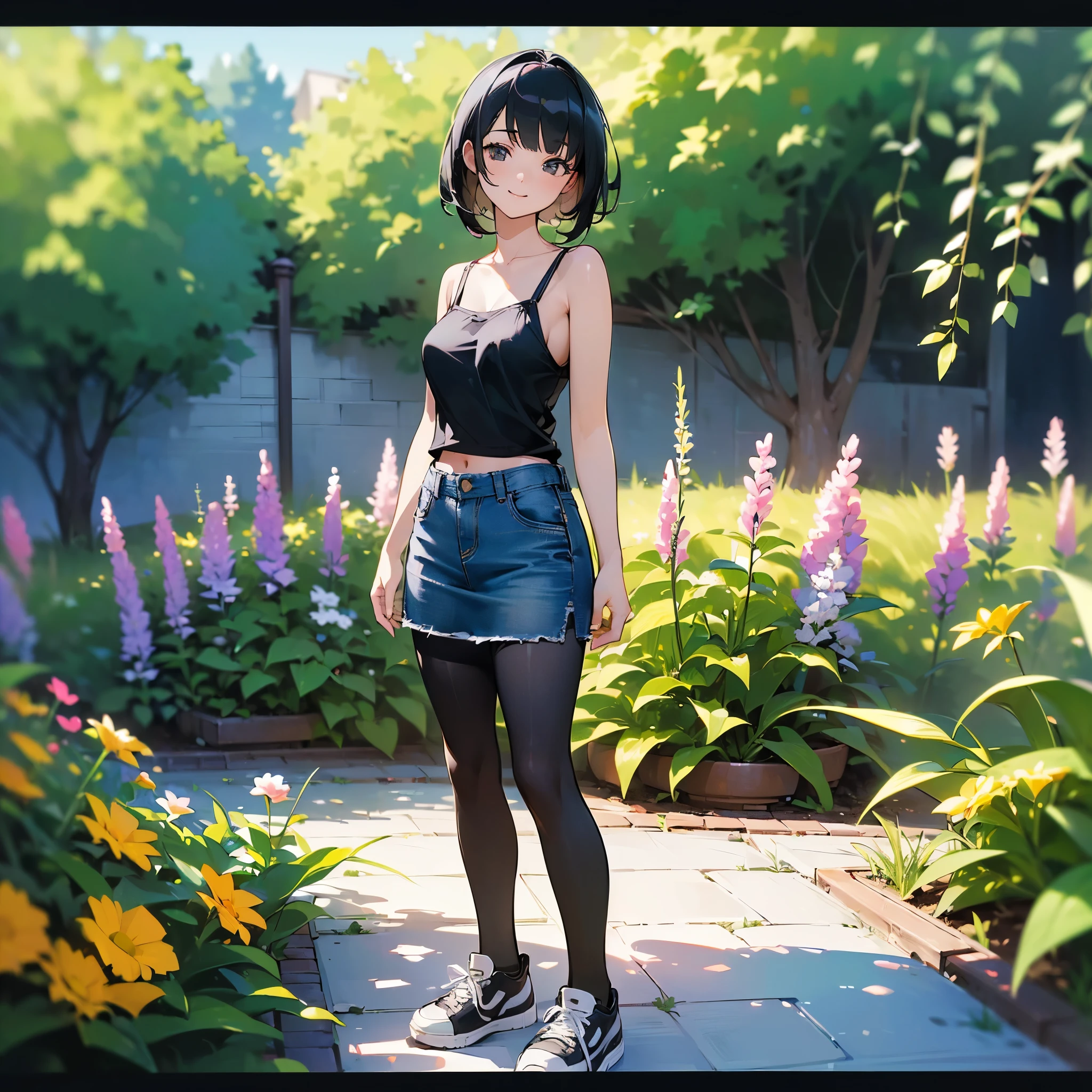 (high quality, High resolution, Very detailed, reality:1.37), Peaceful atmosphere, (Outdoor, garden), Teenage girl standing alone, (my breasts are big.), Beautiful details, Cute Smile, (Black bob hair), camisole, Denim skirt, Black tights, sneakers.