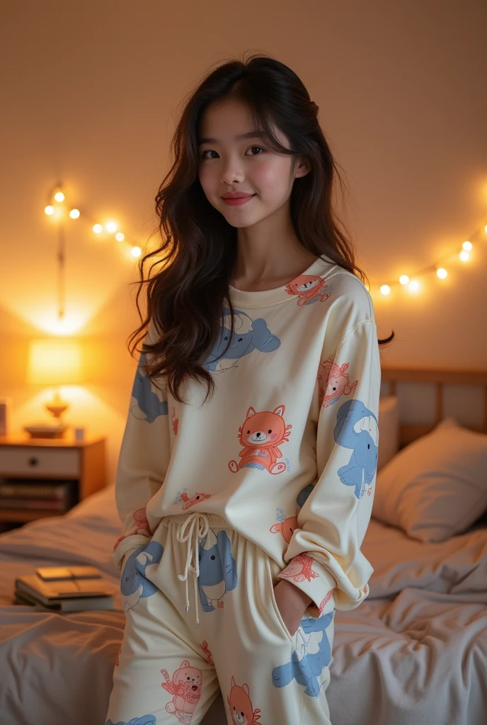 very large lips, happy, looking at viewer, having a cream pie fight, (messy with whipped cream, whipped cream in her hair, whipped cream on her face, dripping whipped cream), smiling,(realisitic、Photorealsitic:1.3), wearing shorts and a yellow tshirt, ponytail hair, sitting on a bed