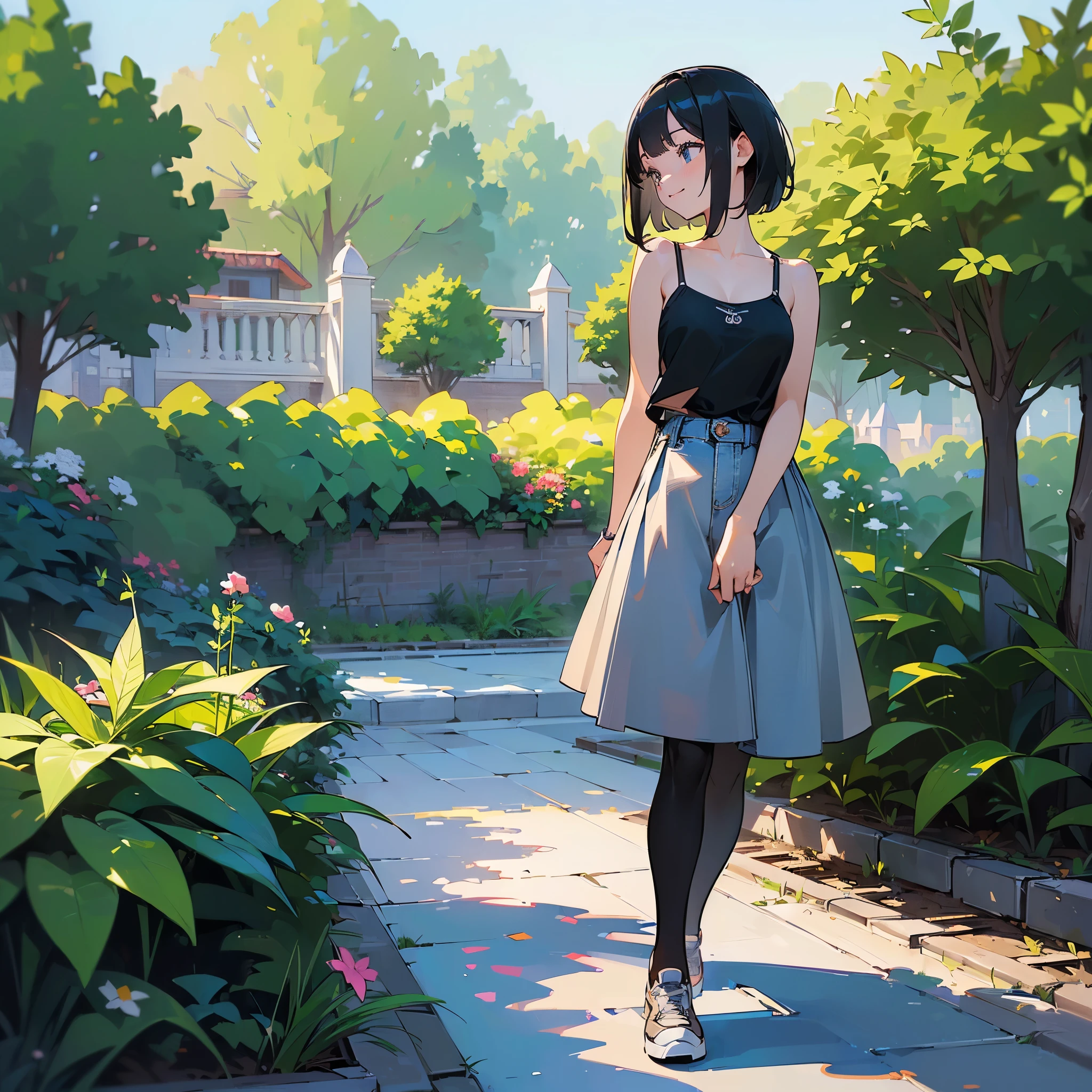 (high quality, High resolution, Very detailed, reality:1.37), Peaceful atmosphere, (Outdoor, garden), age girl standing alone, (my breasts are big.), Beautiful details, Cute Smile, (Black bob hair), camisole, Brown Skirt, Blue socks, sneakers.