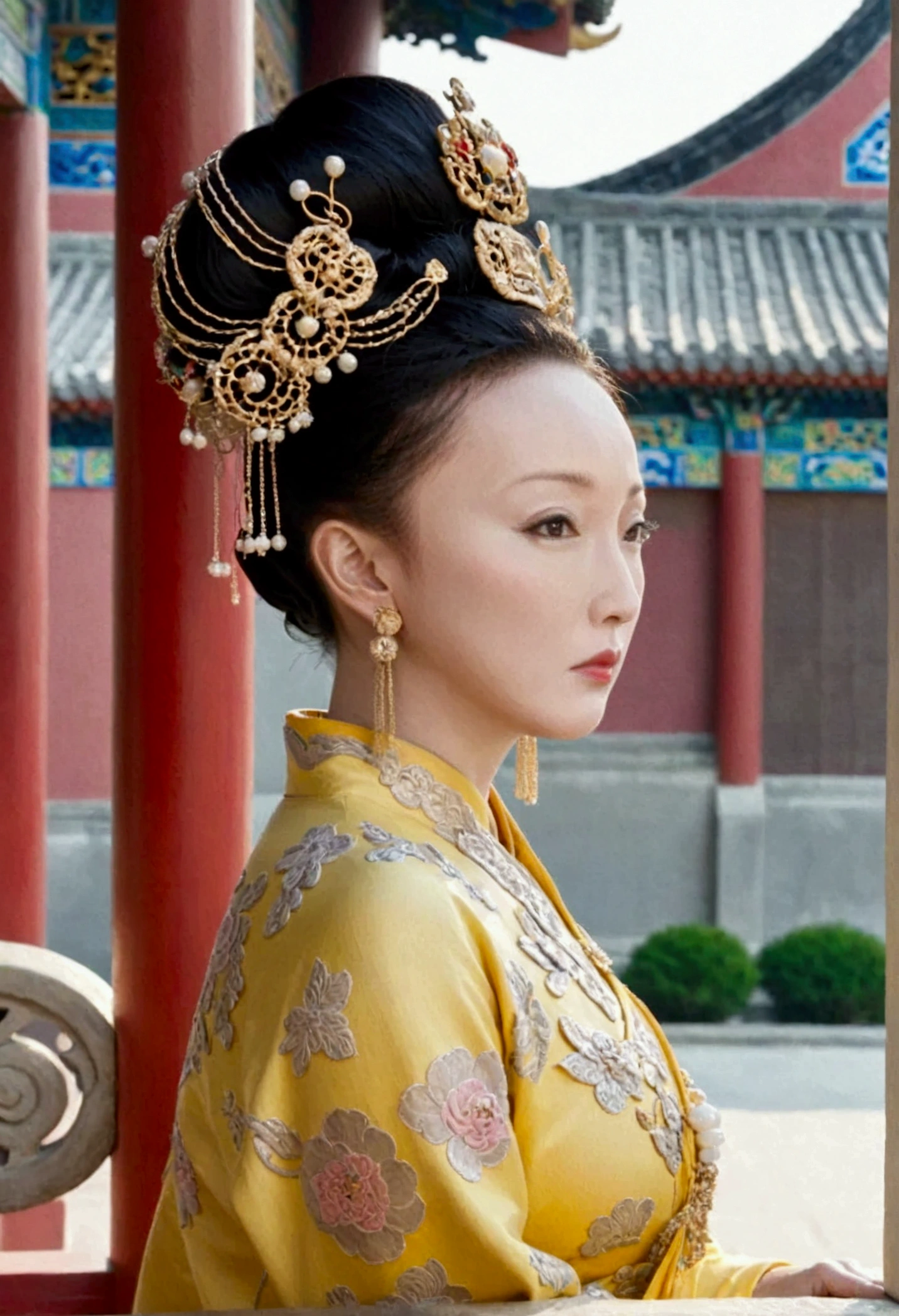 A Qing Dynasty empress, naked from the waist up, is shown in profile with her buttocks protruding, outside a Qing Dynasty palace.