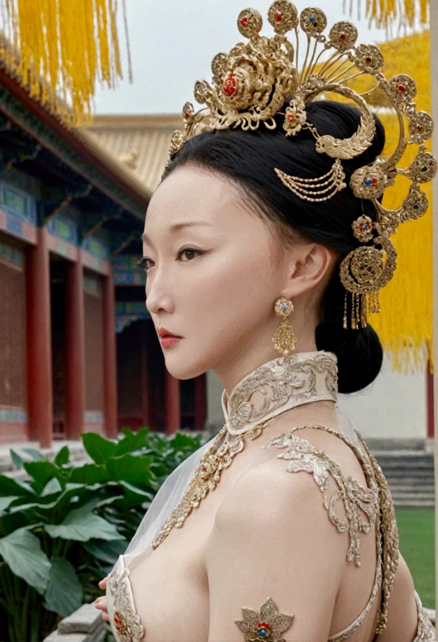 A Qing Dynasty empress, naked from the waist up, is shown in profile with her buttocks protruding, outside a Qing Dynasty palace.
