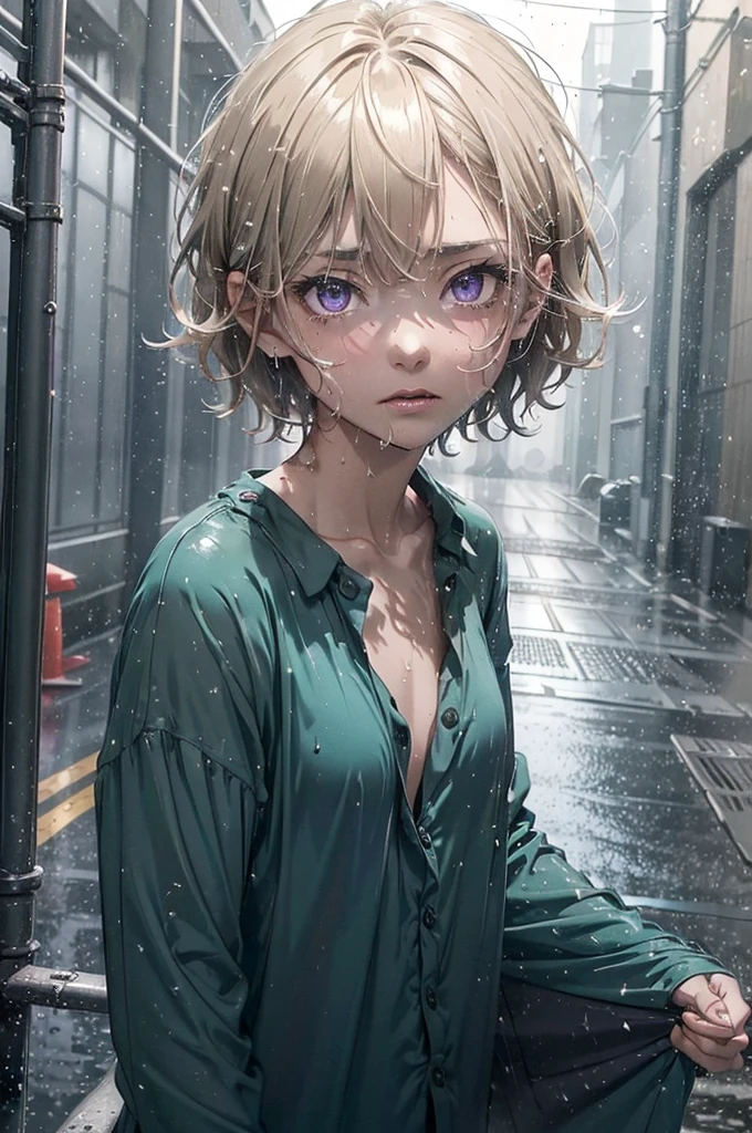 ((Nighttime, very dark image, very little light)), ((gorgeous purple eyes)), Very short hair, ((Highly detailed, extreme detail, amazing art)), raining, heavy rain, dark, midnight, 1girl, soaking wet drenched, wearing nothing but a pyjama shirt, shirt caramel-blonde hair, depressed, soaking wet hair, hair sticking to her face, heavy rain, thunderstorm, teal pyjama top, naked, petit chest, very short hair, buttoned up pyjama top, bare legs, no underwear, very dark night time, black sky, the only source of light is a single amber street light, no light, dark background, miserable, sad, crying, buttoned pyjama shirt,