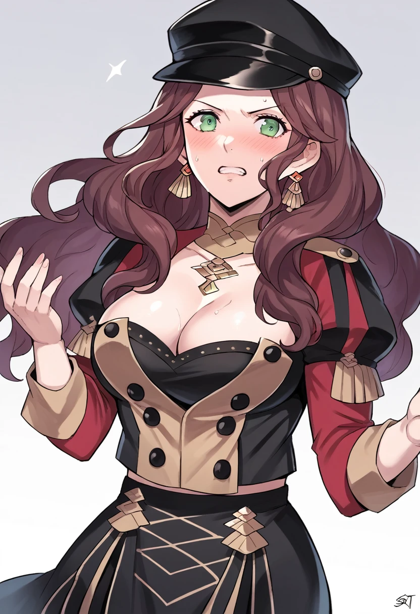 score_9, score_8_up, score_7_up, source_anime, Dorothea (Fire Emblem), mldortgm, black headwear, black skirt, (black uniform), brown hair, dangle earrings, gold trim, green eyes, jewelry, large breasts, cleavage, long hair, black peaked cap, black hat, (aroused facial expression), clenched teeth, blush, sweat, (view from below)