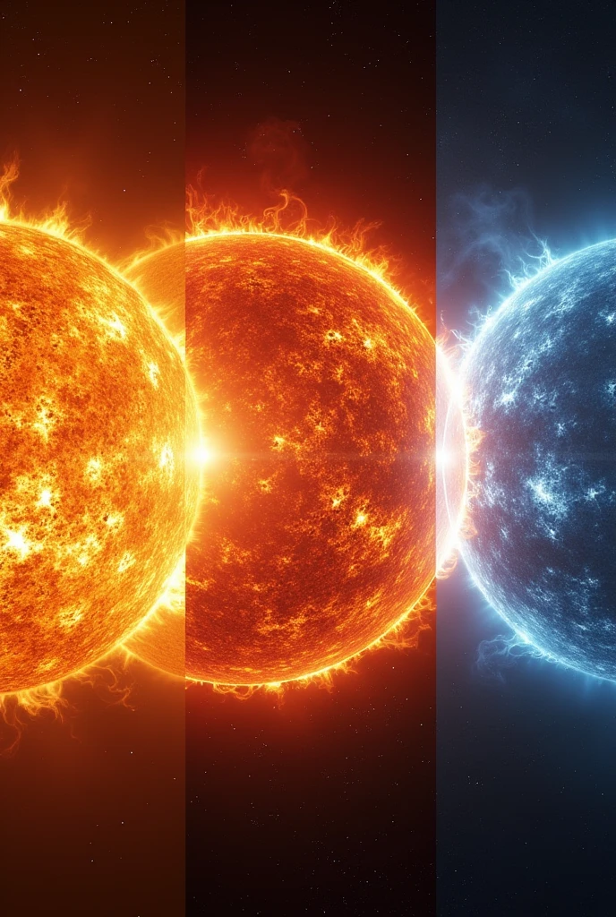 Image comparing 3 different suns, detailing the fire and solar flares in each of them, produce the image in 8k