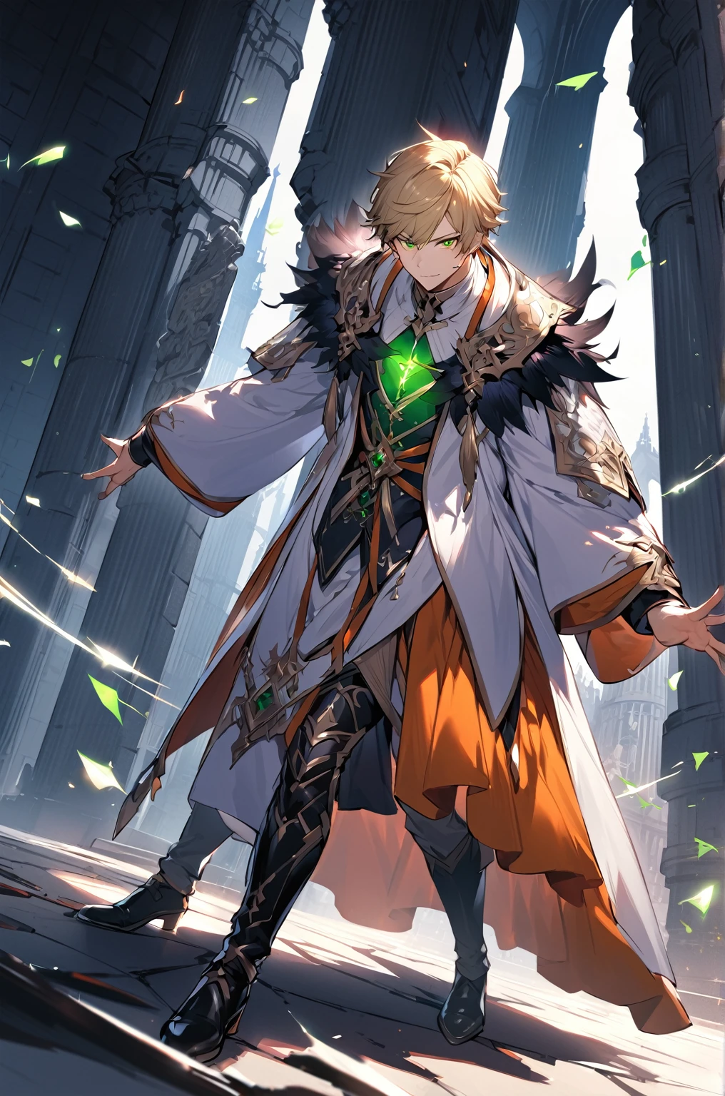 ((((Dramatic)))、(((grittiness)))、(((vehement))),Dressed in costume、He had a determined expression on his face.。Bright green eyes,Blonde hair,holy costume,((1 man)),holy,handsome,((dynamic angle)),((dynamic pose)),