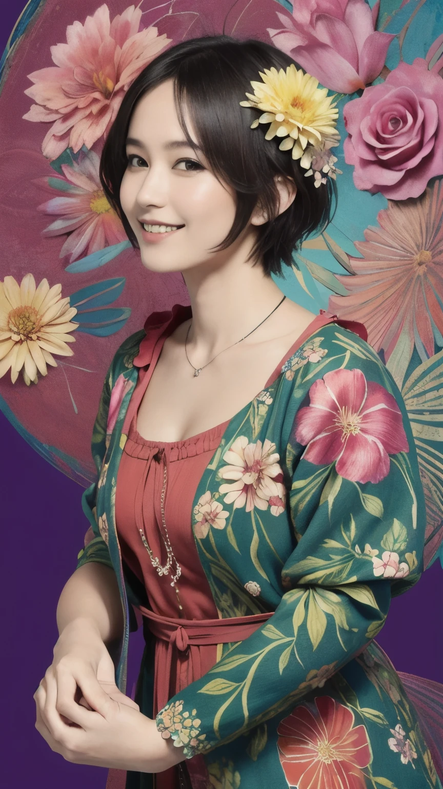 273 (20-year-old woman,short hair), (beautiful:1.2), (Fractal Art:1.1), (flower:1.3), whole body, (Abstract background:1.3), (Many colors:1.4), (Old-fashioned smile), (Hawaii), (Wave:1.1)