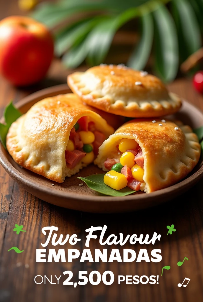 I want an advertising image for the sale of two-flavor empanadas: Hawaiian and tender corn with ham and cheese., The empanadas will cost 2.500 pesos