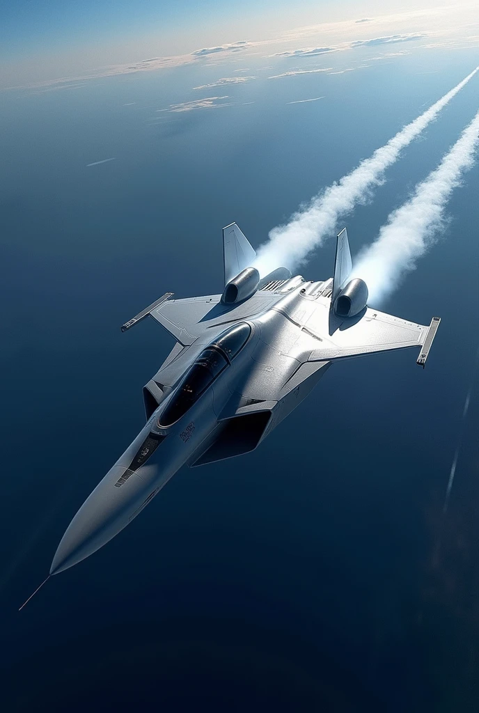 Create an image of a futuristic fighter jet designed to reach Mach 10 in the atmosphere. The aircraft must have a thin and elongated fuselage, with an extremely sharp nose. The wings should be small and delta-shaped with very sharp angles., almost integrated into the fuselage to minimize air resistance. The aircraft is built with advanced materials such as carbon composites and titanium alloys., with a coating that manages extreme heat. Features aerodynamically integrated advanced Scramjet engines. The design should be very clean and aerodynamic, with a futuristic and aggressive look.