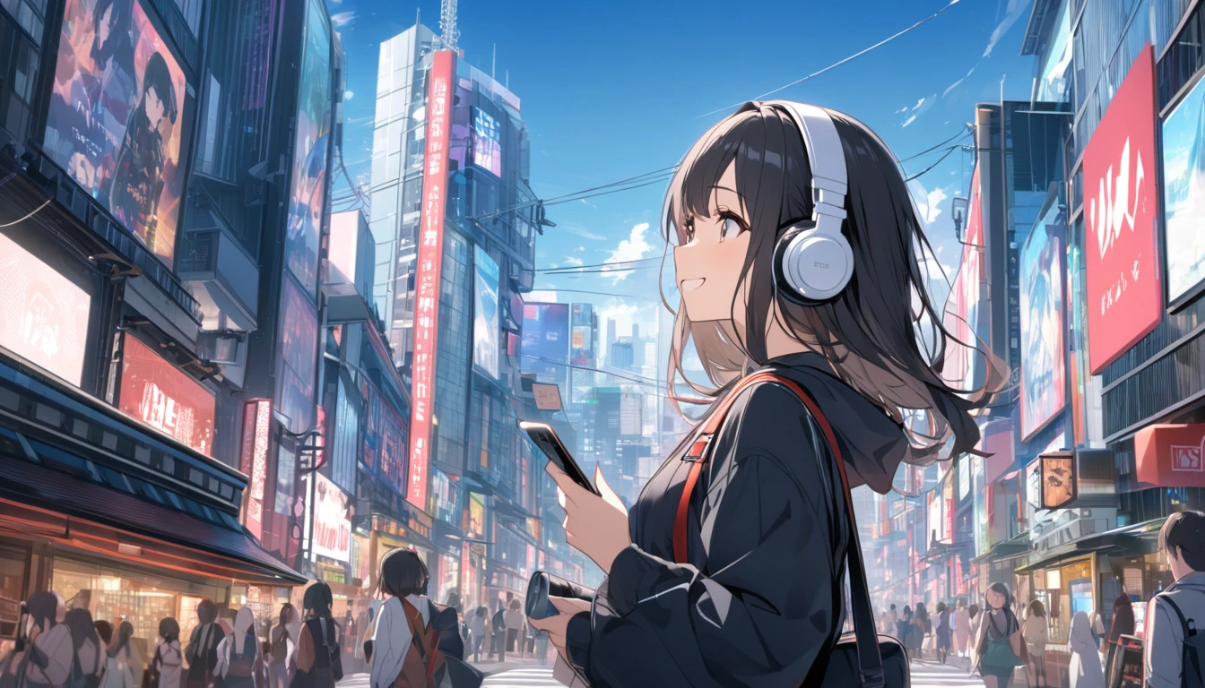 Smiling black-haired woman wearing headphones looking at the city of Tokyo,Streetscape、listen to music、Japanese
