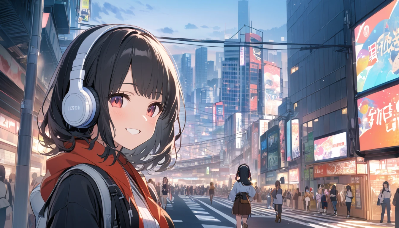 Smiling black-haired woman wearing headphones looking at the city of Tokyo,Streetscape、listen to music、Japanese