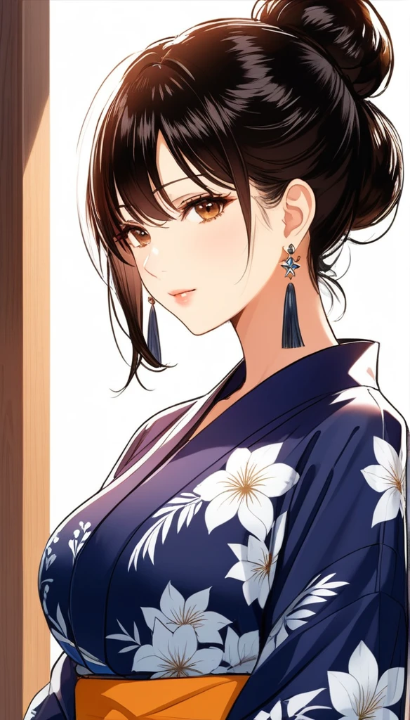 (1woman, mature, hair braid bun , full sleeve blouse,yukata,  traditional Indian long drop dangle earrings , detailed alluring , saggy breasts , looking at viewer, necklace , cleavage 