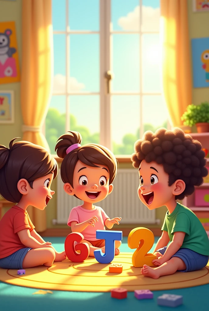 Cartoon of children playing in kindergarten number and letters 