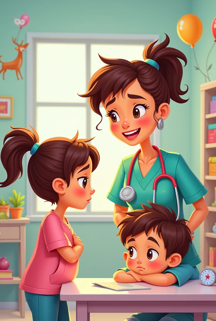 draw a cartoon Nurse Carmen went to visit the children today. He told them that if anyone was not feeling well, I had to say: "I don't feel well". Alba has a stomach ache and tells the nurse: "I don't feel well". Pablo has a sore throat and rests his head on the table. Nobody knows what's wrong with Pablo..