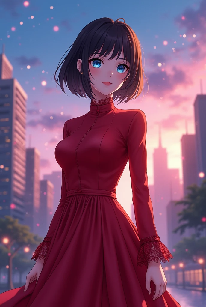 Anime adult woman 22 years old blue eyes, short dark brown hair, pale white skin, red long sleeve dress