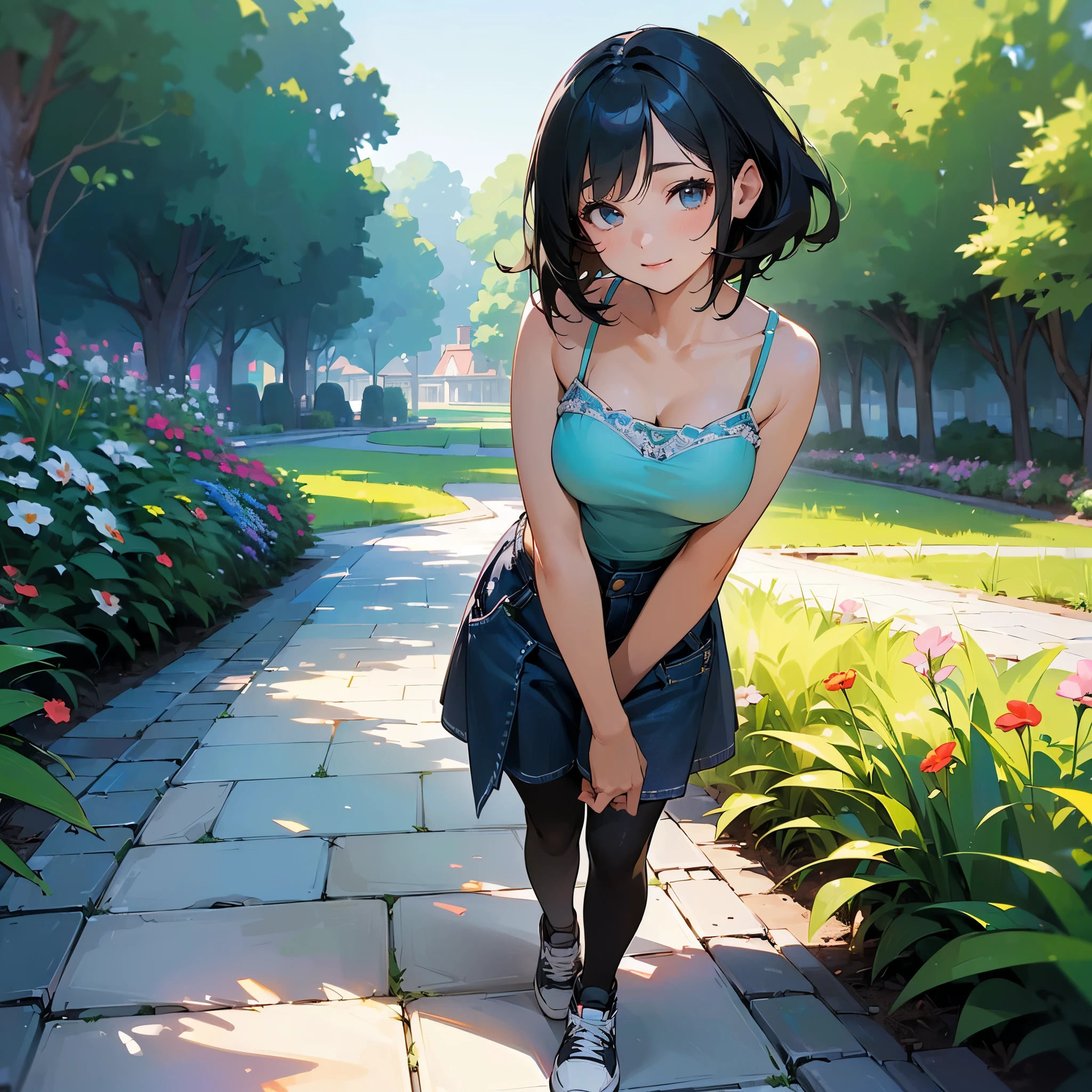 (high quality, High resolution, Very detailed, reality:1.37), Peaceful atmosphere, (Outdoor, garden), girl standing alone, (my breasts are big.), Beautiful details, Cute Smile, (Black bob hair), camisole, Denim skirt, Black tights, sneakers.