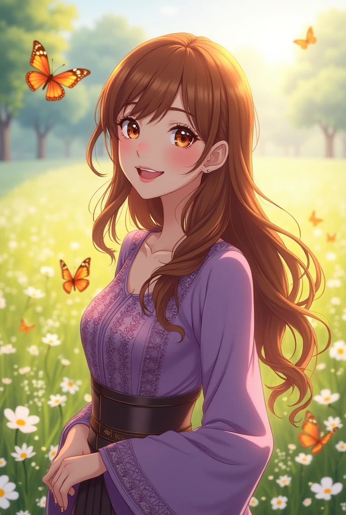 Brown Hair　Long Hair　woman　Purple long sleeve western style anime clothing　A kind face