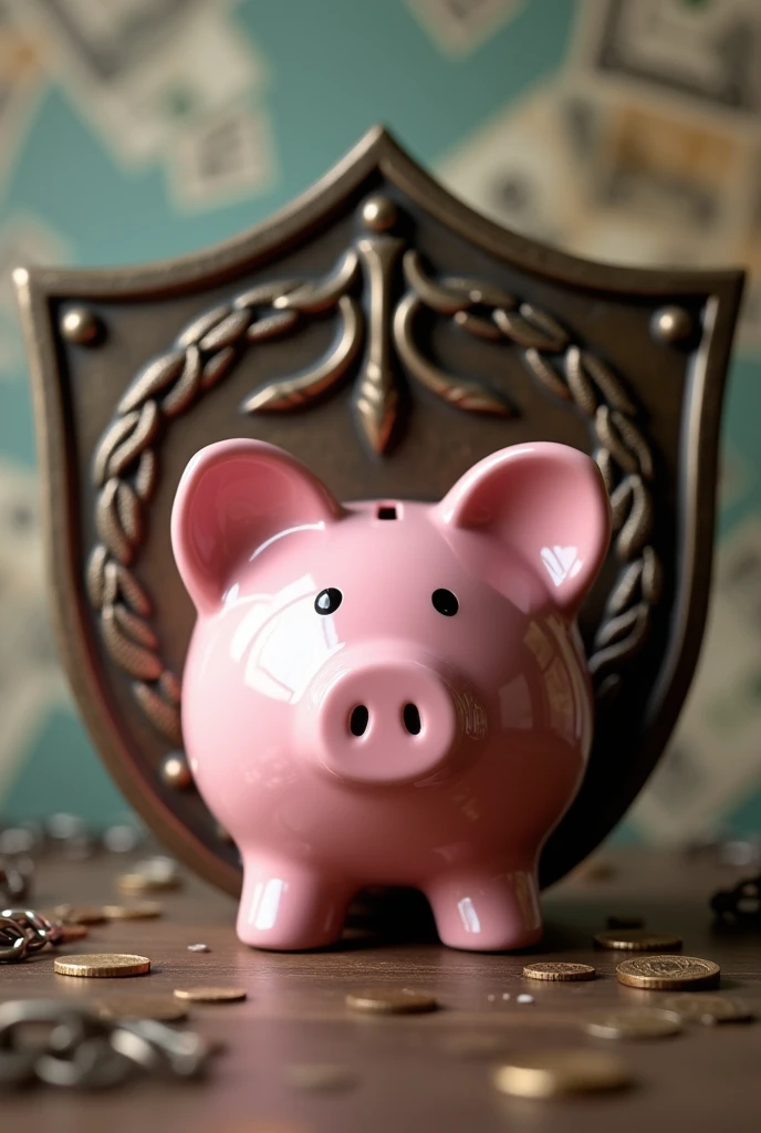 A piggy bank (piggy bank) surrounded by a shield, representing the protection of savings against debt.