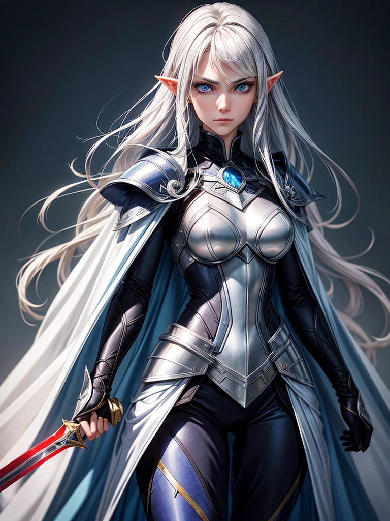 Selene Glavariel Arathel, a 16-year-old human-elf hybrid with silver hair, blue eyes, a slender and tall figure, a leather armor with silver and red adornments, and a white cape with embroidered symbols. She is holding a sword in front of her and has a determined expression. The style is anime. The background is a plain color.