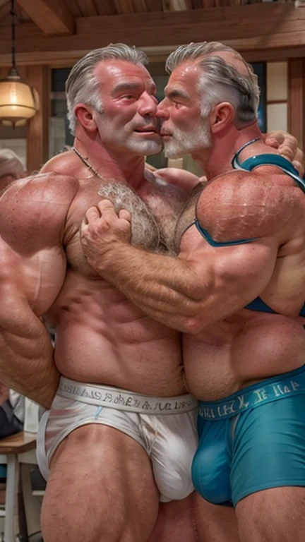 2A person's upper body is naked and an elderly Japanese male bodybuilder is、2Two people are hugging, looking into each other's eyes, and kissing.。
Large muscles。A large belly。thick limbs。
2The man is only wearing a jockstrap.。Big bulge。
2The person has sun-burnt skin。
2人はwhole bodyがとてもHairy。
Statue。whole body。Hairy。Ecstatic expression。
Highest quality。Entirely in sharp focus、Highest photo quality。