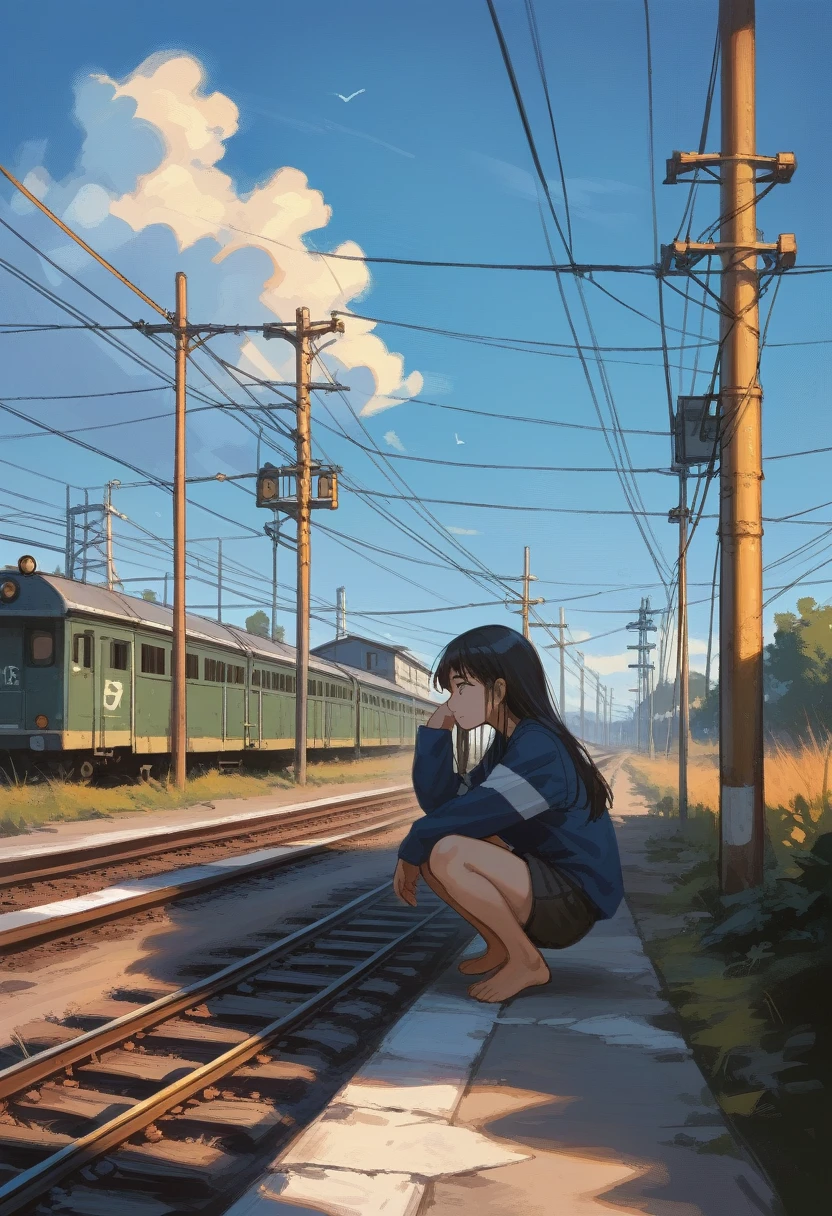 score_9, score_8_up, score_7_up, score_6_up, score_5_up, score_4_up, masterpiece, best quality, source_anime,2D、flat、1girl, 、black hair,longhair is 半Sleeves, shorts, crouching, old railroad tracks, blue sky, power lines, bare feet