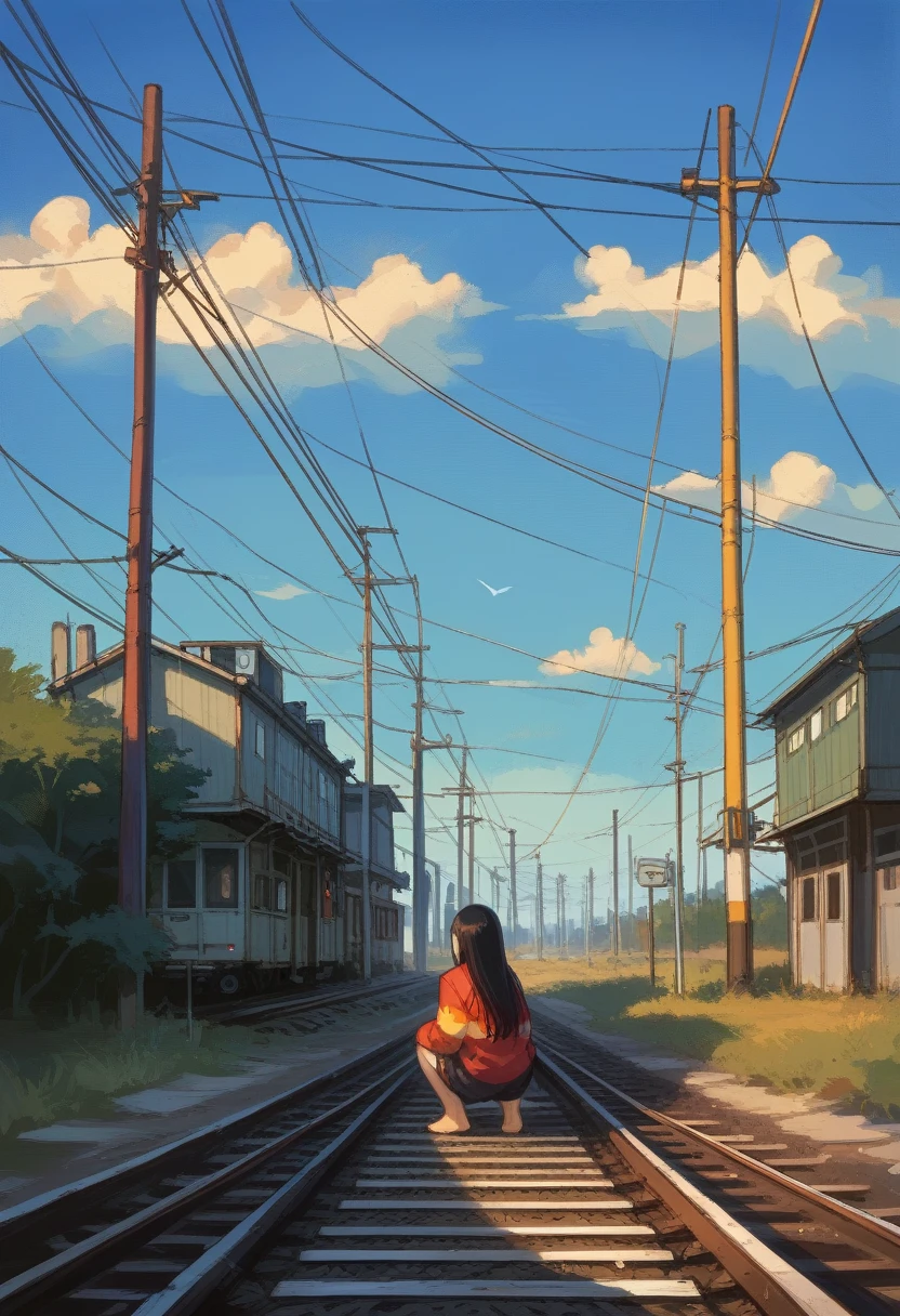 score_9, score_8_up, score_7_up, score_6_up, score_5_up, score_4_up, masterpiece, best quality, source_anime,2D、flat、1girl, 12yo、black hair,longhair is 半Sleeves, shorts, crouching, old railroad tracks, blue sky, power lines, bare feet