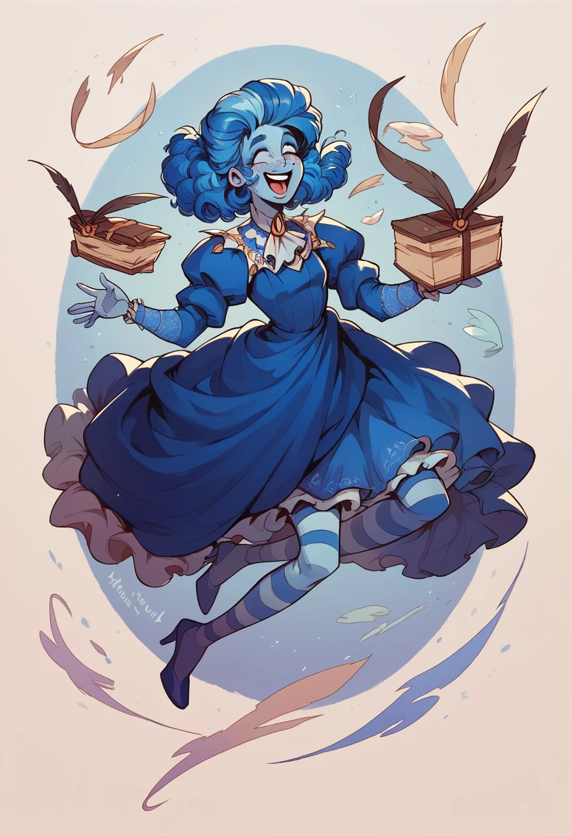 frankelda, 1girl, solo, dress, striped, blue hair, puffy sleeves, high heels, colored skin, freckles, blue striped stockings, floating, laughing