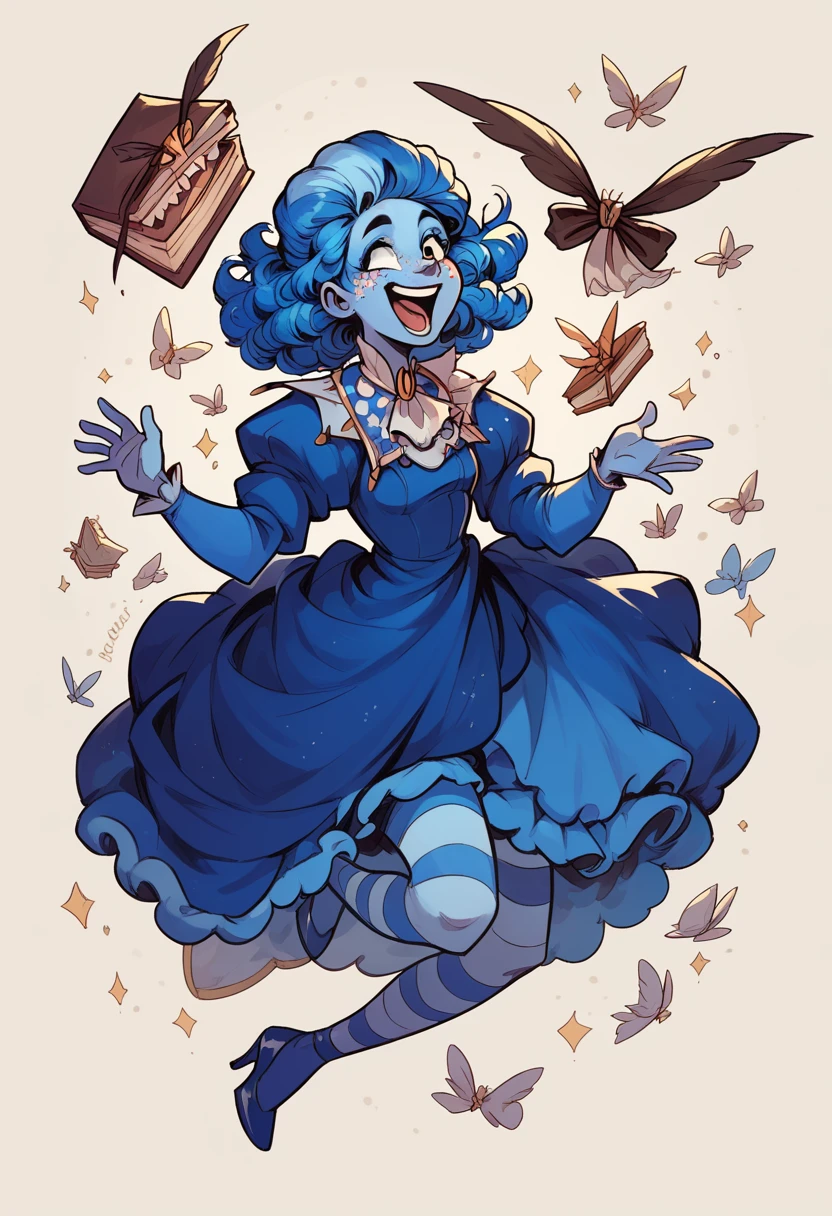 frankelda, 1girl, solo, dress, striped, blue hair, puffy sleeves, high heels, colored skin, freckles, blue striped stockings, floating, laughing