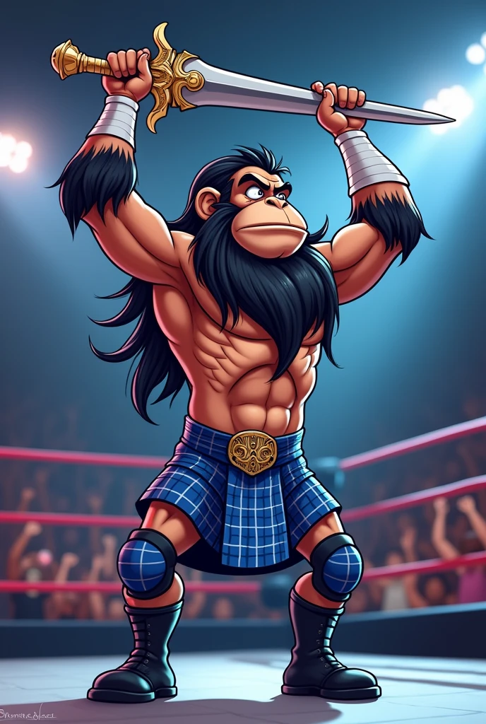 Cartoon Macaque dressed like WWE wrestler Drew McIntyre. Macaque head, Macaque legs, Macaque arms, Macaque hands, and white wrist tape. Black mustache, long black hair, black goatee, frizzly black beard. Wearing no shirt, plaid blue kilt, blue kneepads, black wrestling boots. Holding aloft a sword.
