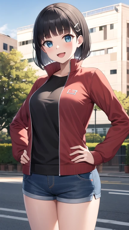 masterpiece, best quality, highres, aasugu, short hair, hairclip, large breasts, track jacket, red jacket, black shirt, blue shorts, hand on hip, smile, open mouth, outdoors