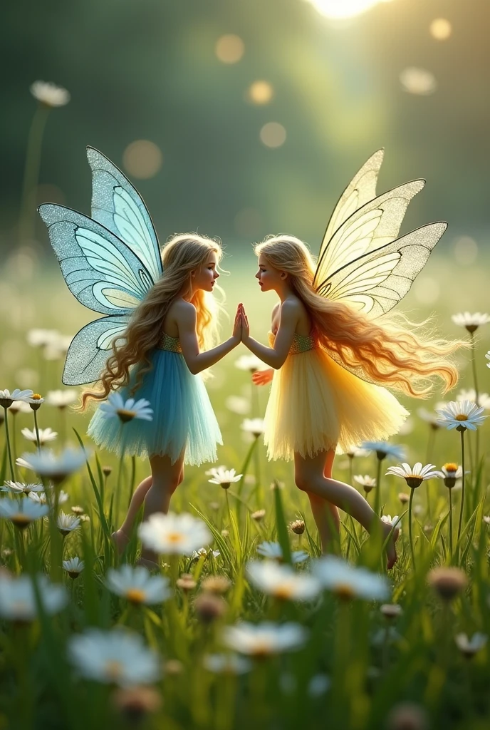 I would like to create blue and blonde fairies on white flowers