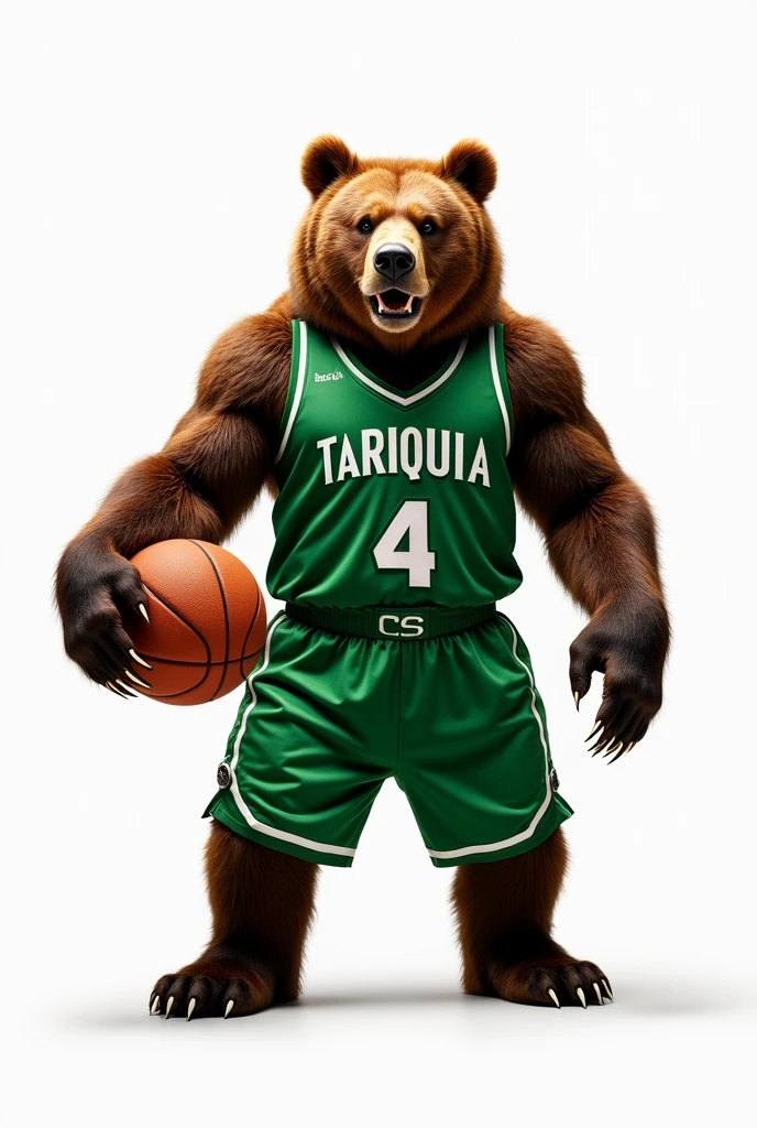 An angry ferocious bear playing basketball and having the name Tariquia on the uniform and number 4 green uniform all with a white background
