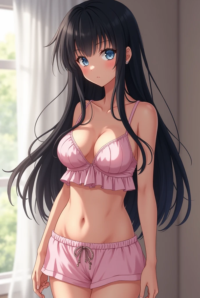Girl with long hair, black in color, blue colored eyes. with big breasts, slim with hips and ass, no belly. Dressed in a two-piece summer pajama set, shorts and top, that does not have such a sweet and innocent face