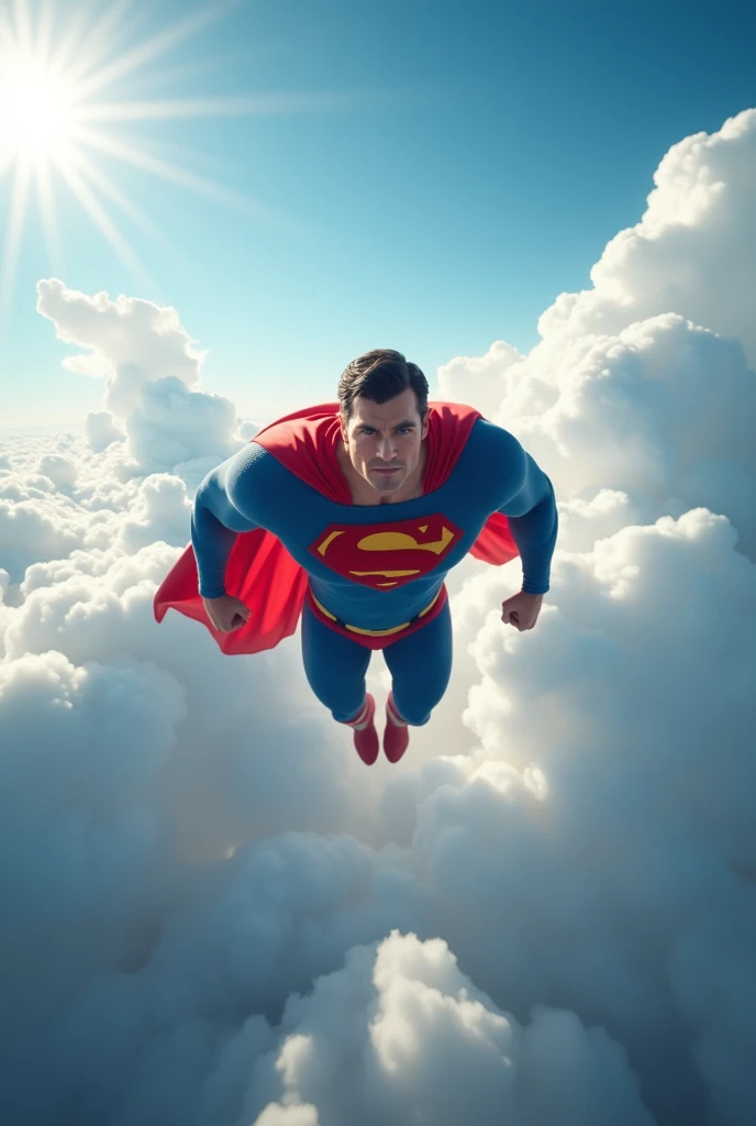 Superman flying among the clouds, ultra realisitic, 真实感, hiper真实感