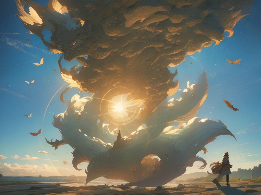 great dragon god, gentle gaze, fantastic background, moonlight background, sea of clouds background, golden splashes, mysterious, divine light, mythical creature, traditional Chinese dragon, myth, speckled light, hazy haze, mysterious aura, masterpiece, fantastic, elegant dragon, good fortune, fantasy art