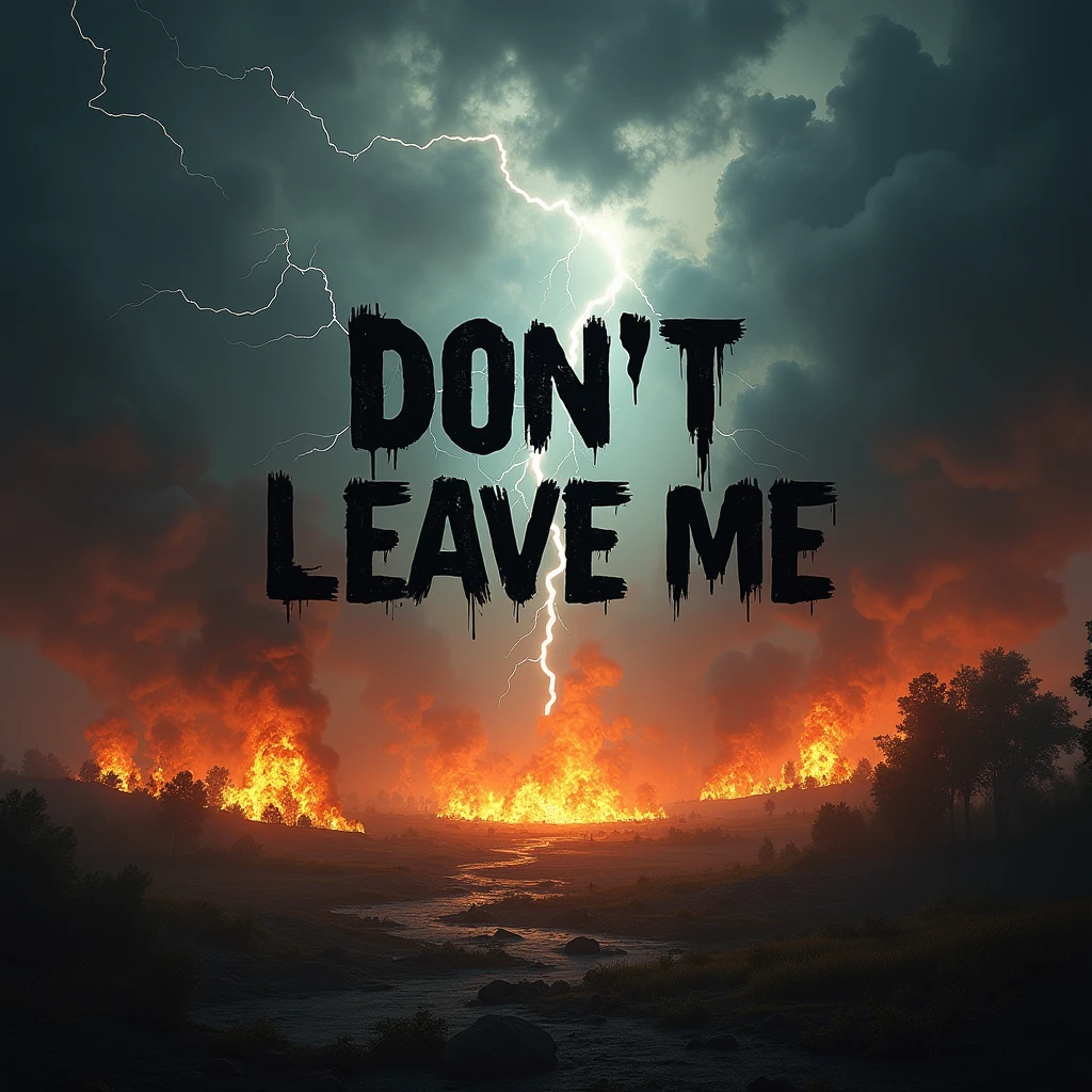 A written image "DON'T LEAVE ME" in black, with background with lightning and fire