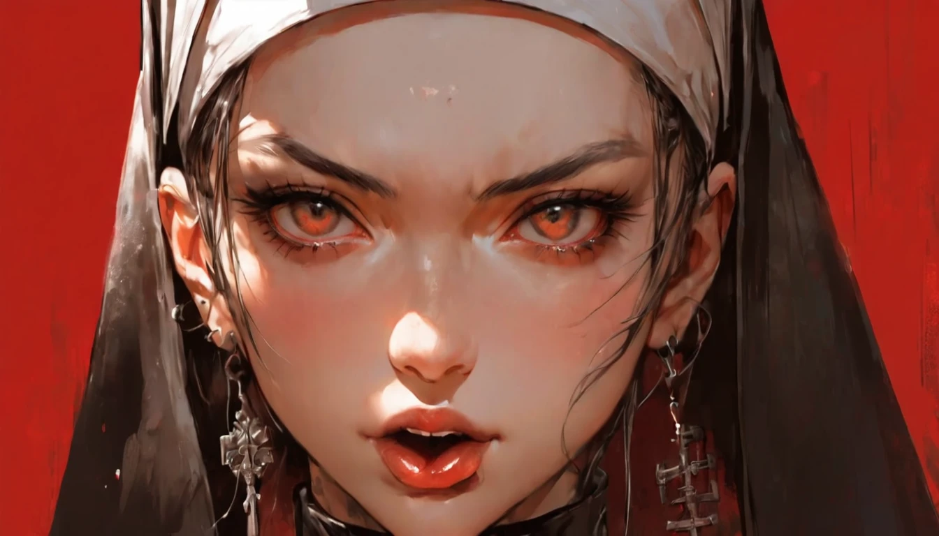 Close up face,a beatiful young woman wearing a nun outfit and sticking her tongue out, dynamic lighting, punk, contrast, hyper realistic, high details,tatto,, in the anime style of Yoji Shinkawa & Artgerm,cyberpunk style, with detailed background against a red plain background,
