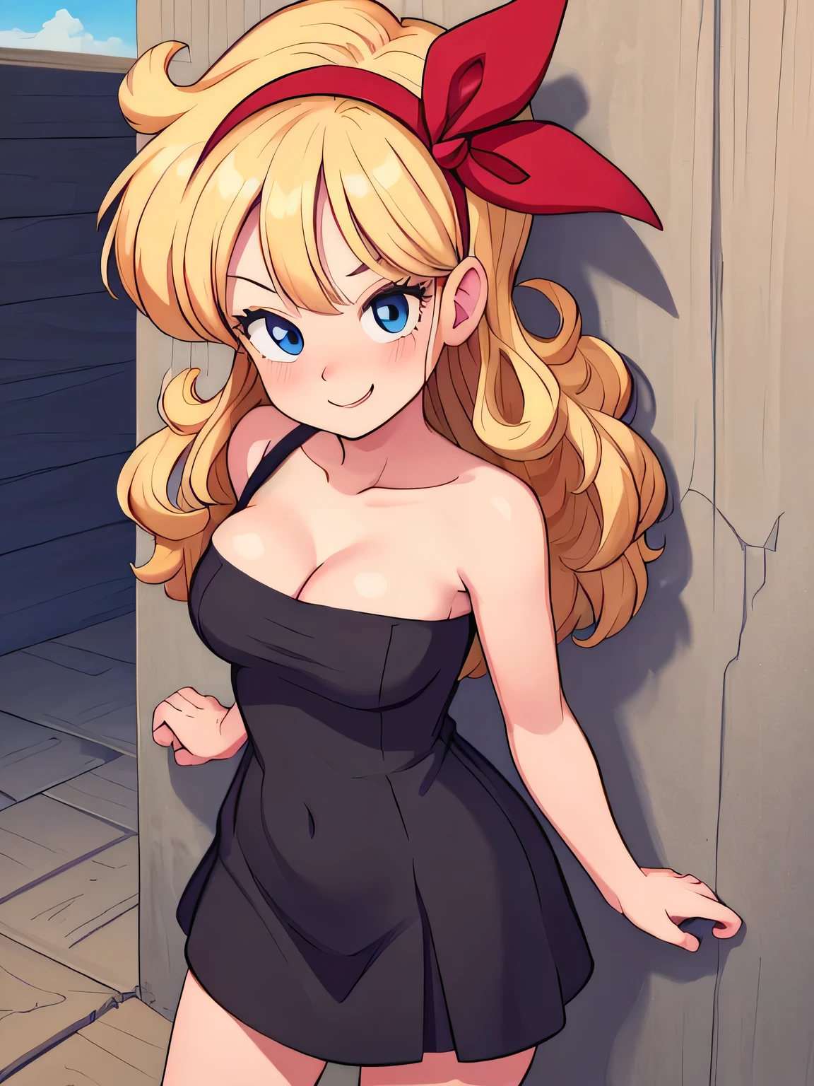 ((masterpiece, best quality)), insaneres, absurdres, solo, looking at viewer, BlondeHair_BadLaunch_ownwaifu, 1girl, long hair, blonde hair, curly hair, hair ribbon, blue eyes, medium breasts, red hairband, eyelashes, bangs, cleavage, bare shoulders, collarbone, black dress, short black dress, bodycon, skin-tight dress, strapless, headshot portrait, smile, seductive, park, hill, outdoor gazebo, sunlight, blue sky, Masterpiece, she is standing up against a wall