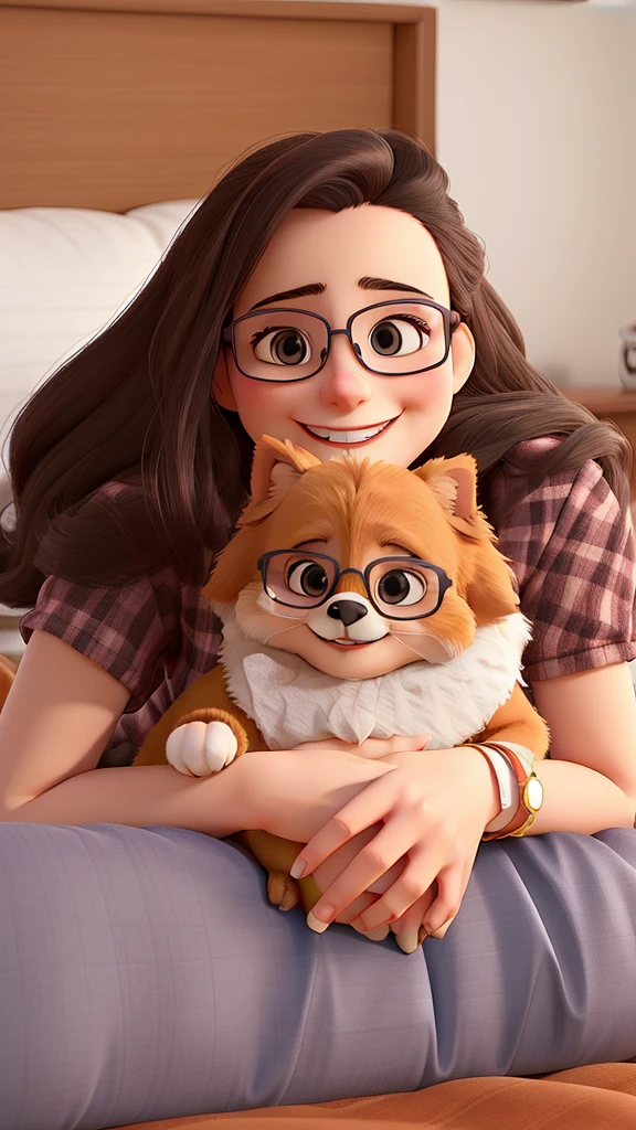 A smiling woman with glasses lying face down on the bed with her little dog in her arms