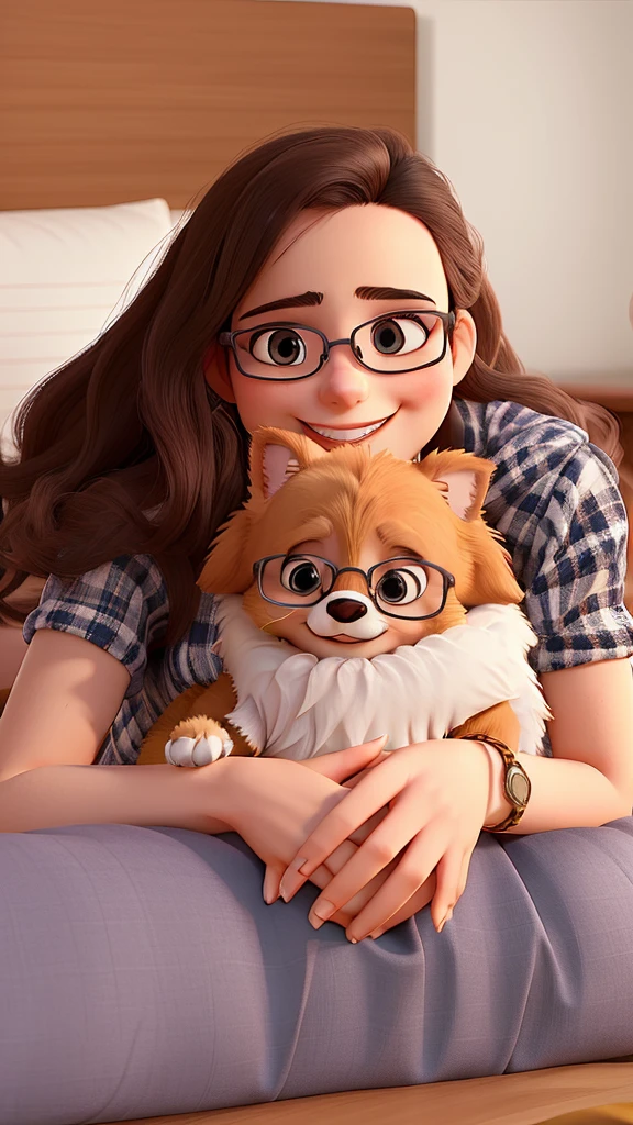 A smiling woman with glasses lying face down on the bed with her little dog in her arms