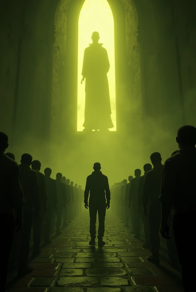 A realistic horror image, inside a tall chapel, the image must show inside a church, the lighting is yellowish, dark greenish and dark, horror ambience, In the center of the image is Agent Leon trying to save college student Ashley Graham, in the background there are strange people in rural clothes inside a tall ancient chapel praying to a god